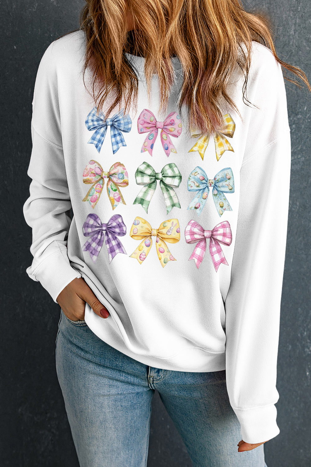 Easter Eggs Bow Drop Shoulder Sweatshirt