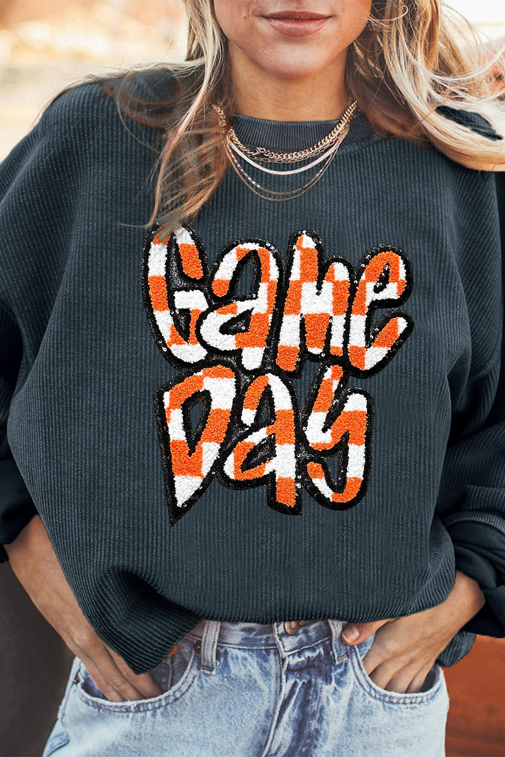 Checkered Game Day Drop Shoulder Sweatshirt