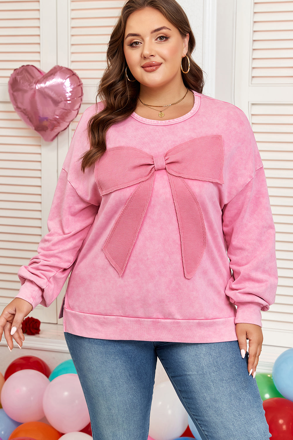Bonbon Waffle Bowknot Mineral Wash Plus Size Sweatshirt