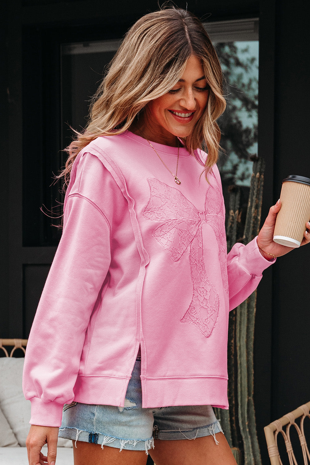 Bonbon Lace Bow Embroidered Exposed Seam Sweatshirt