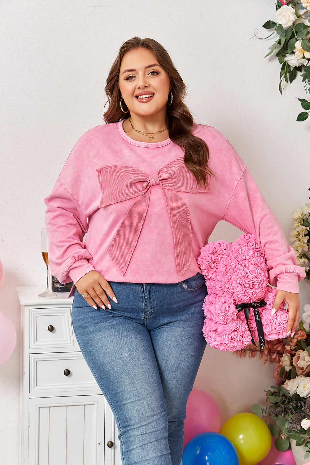 Bonbon Waffle Bowknot Mineral Wash Plus Size Sweatshirt