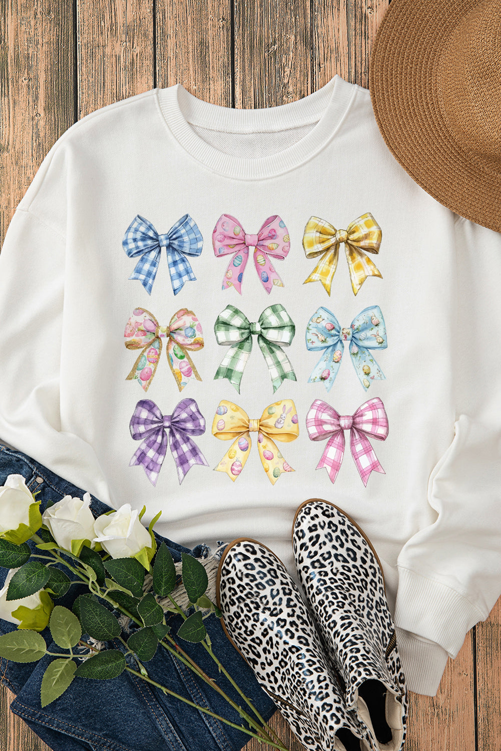 Easter Eggs Bow Drop Shoulder Sweatshirt
