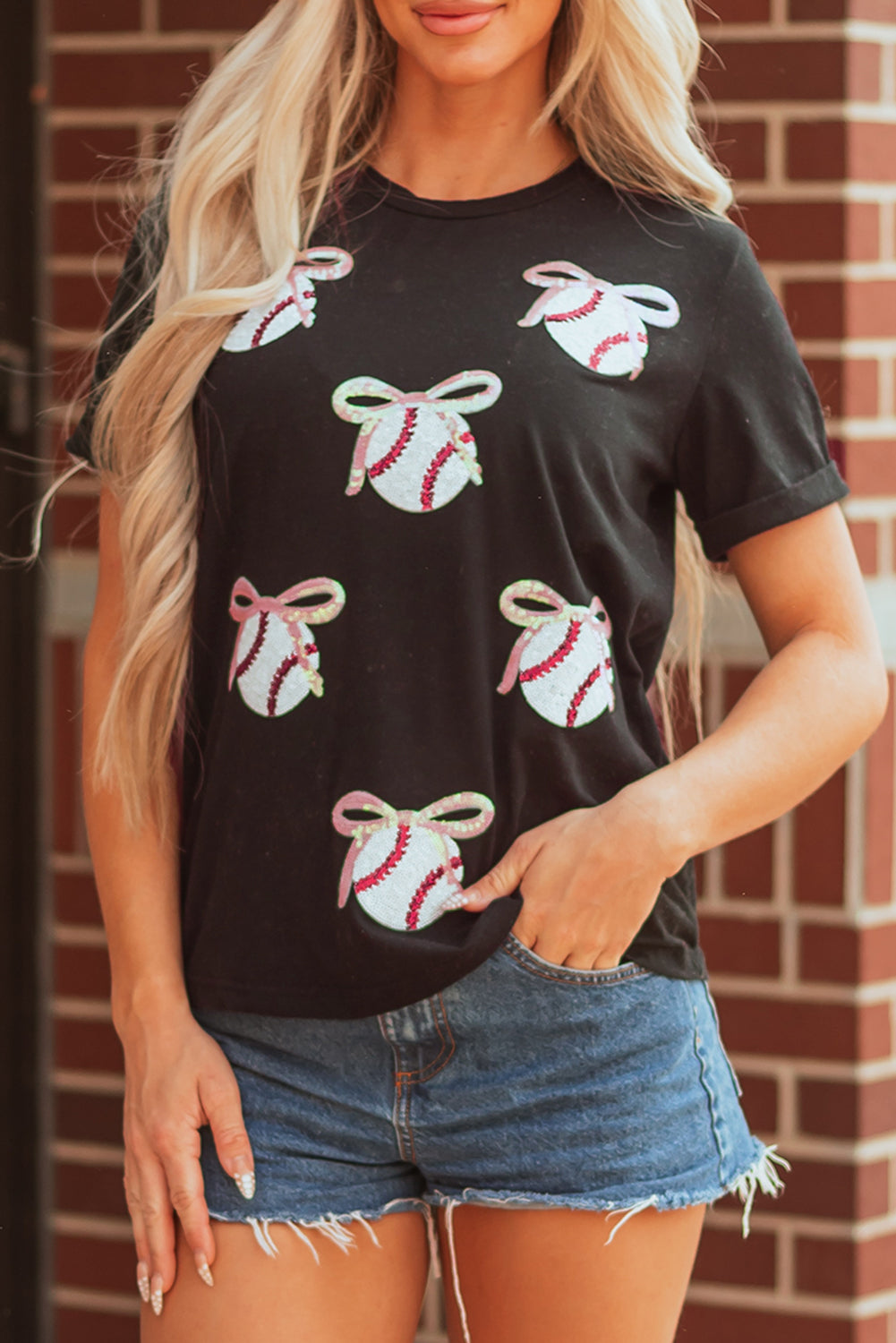 Black Sequin Bow Ball Game Day  Tee