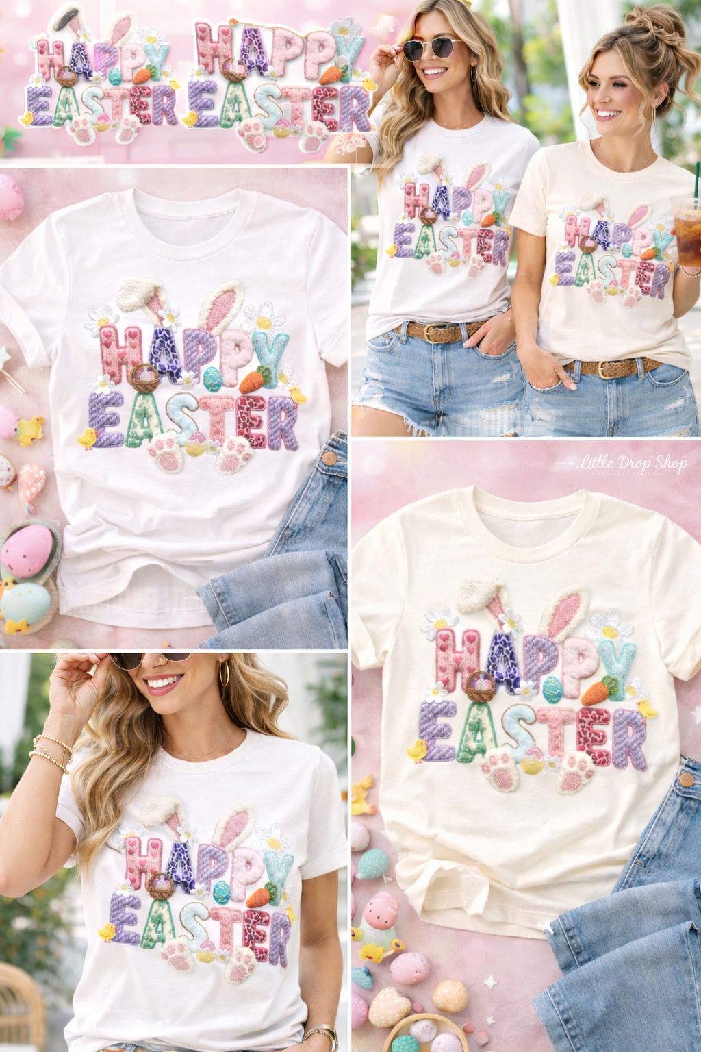 Happy Easter Chenille Bunny Graphic Tee – Vintage White - Free Shipping