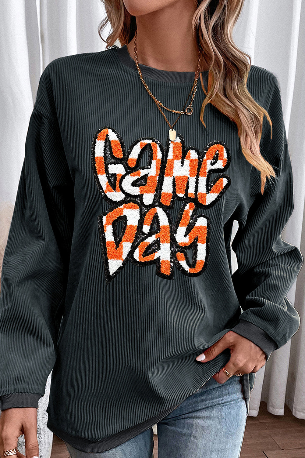 Checkered Game Day Drop Shoulder Sweatshirt