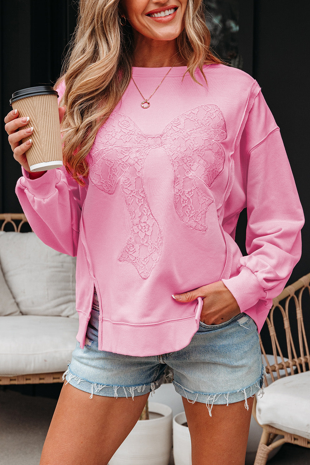 Bonbon Lace Bow Embroidered Exposed Seam Sweatshirt
