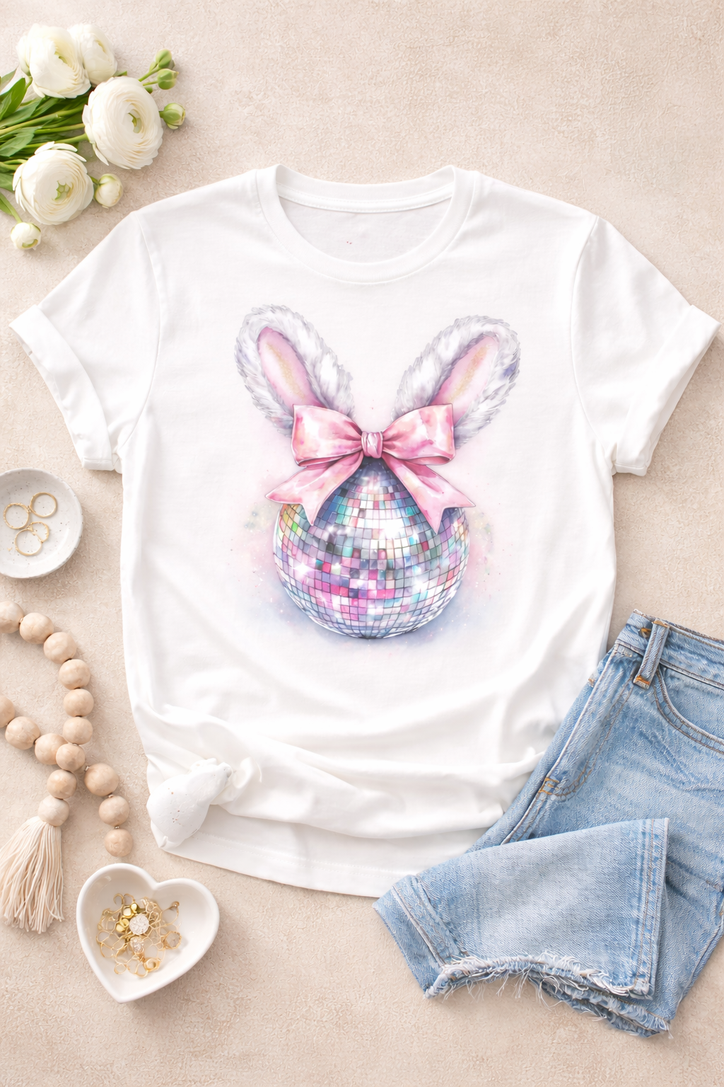 Disco Bunny Easter Tee – Cute Pink Bow Bunny Graphic Shirt | Soft Bella Canvas -Free Shipping