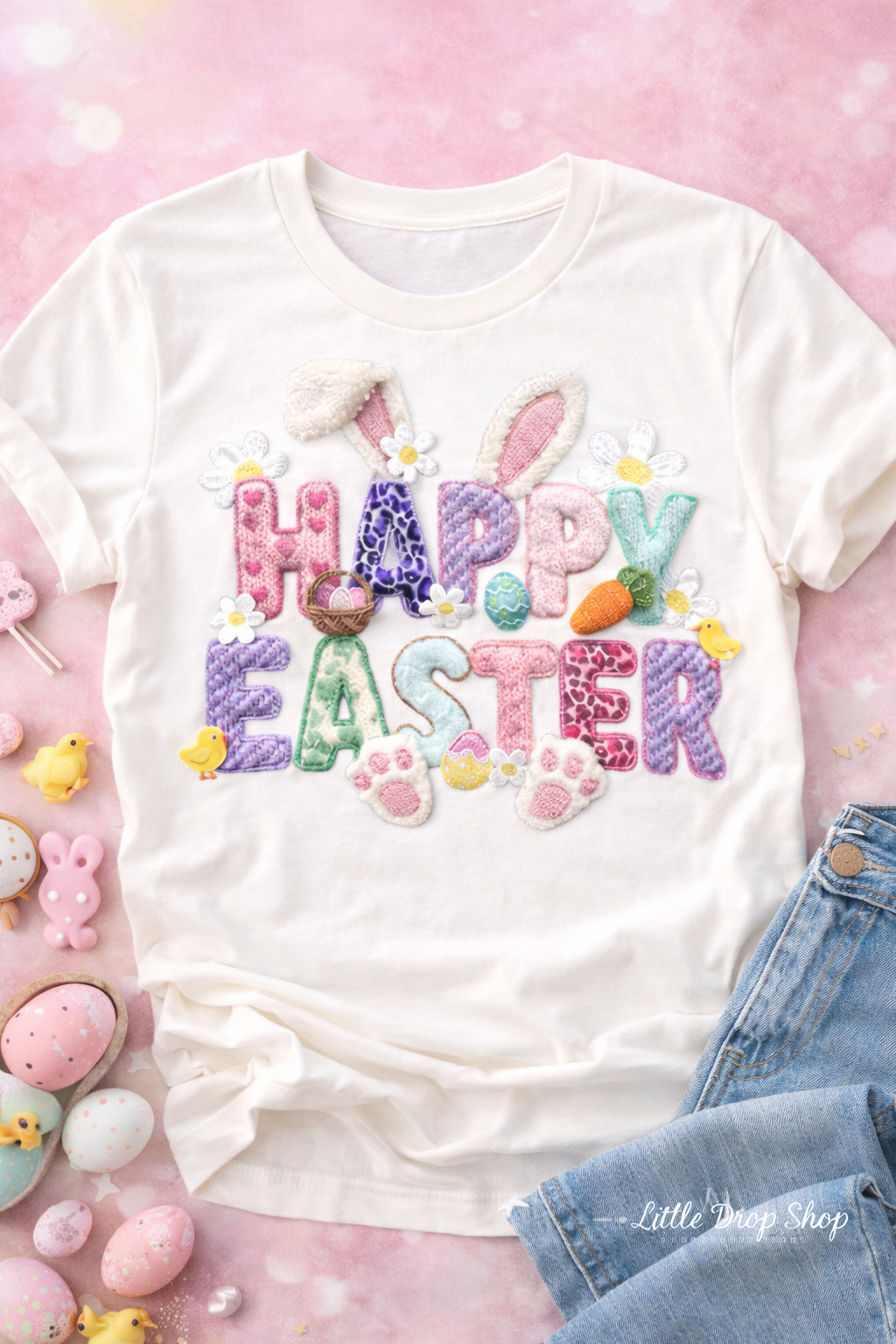 Happy Easter Chenille Bunny Graphic Tee – Vintage White - Free Shipping