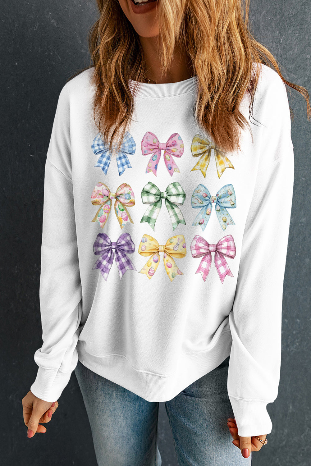 Easter Eggs Bow Drop Shoulder Sweatshirt