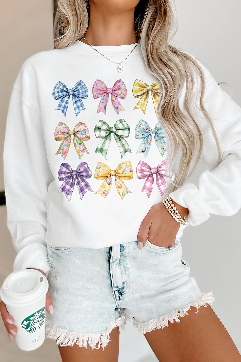 Easter Eggs Bow Drop Shoulder Sweatshirt