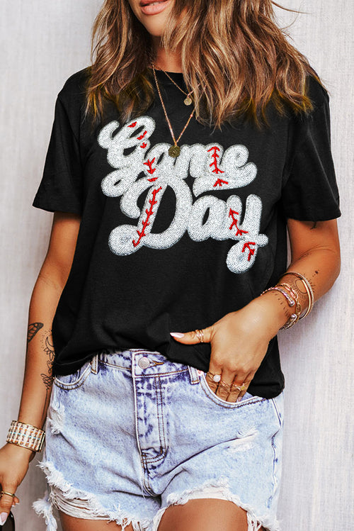Black Sequin Game Day Tee
