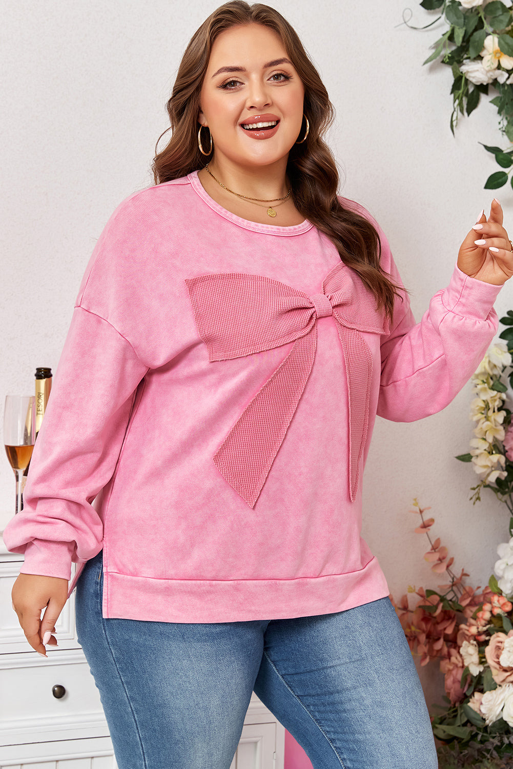 Bonbon Waffle Bowknot Mineral Wash Plus Size Sweatshirt