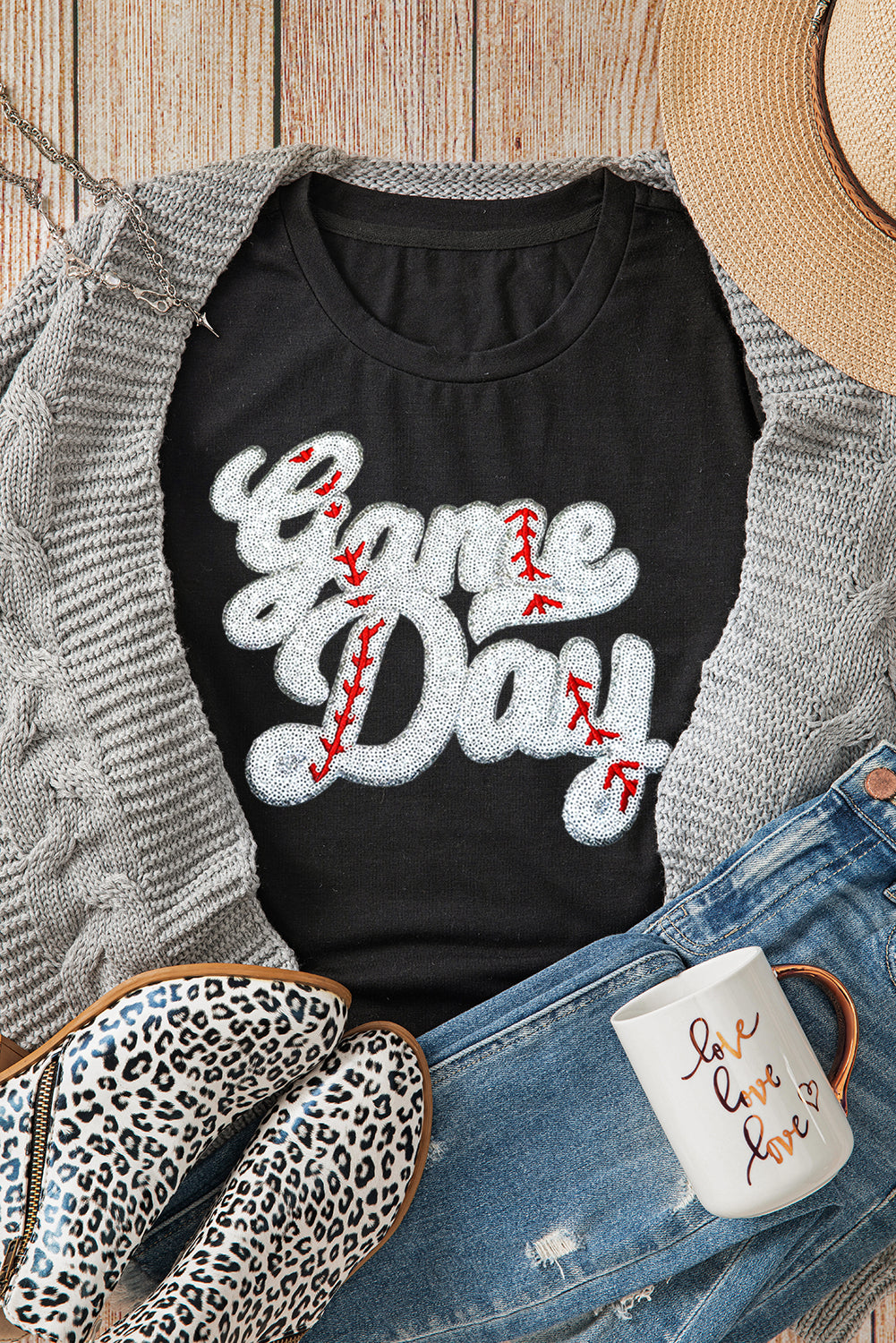 Black Sequin Game Day Tee