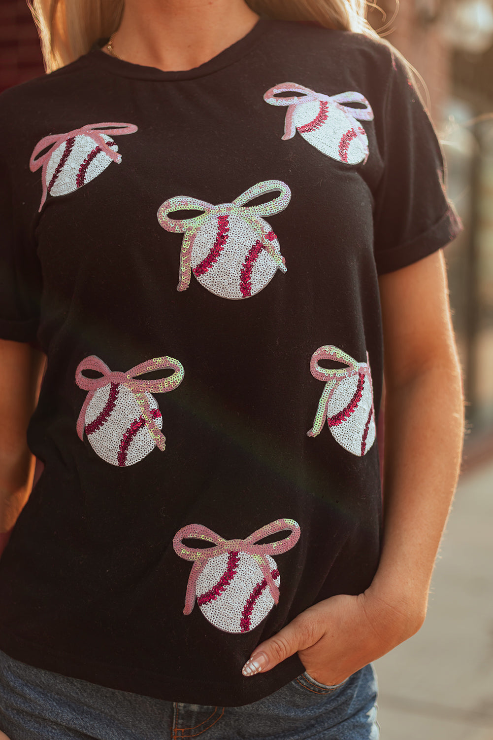 Black Sequin Bow Ball Game Day  Tee